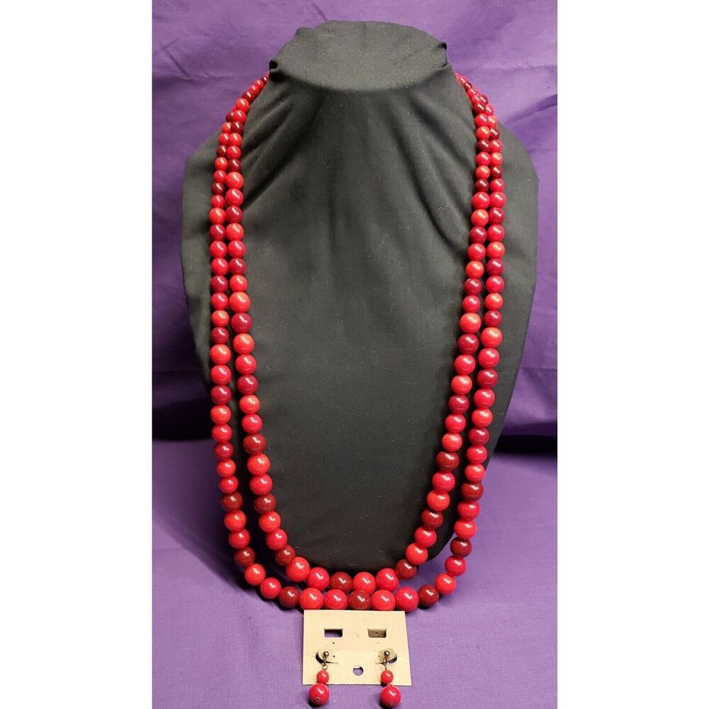 Long 2 Layer Vibrant Red Acrylic Beaded Necklace & Earrings Set, Gunmetal Clasp